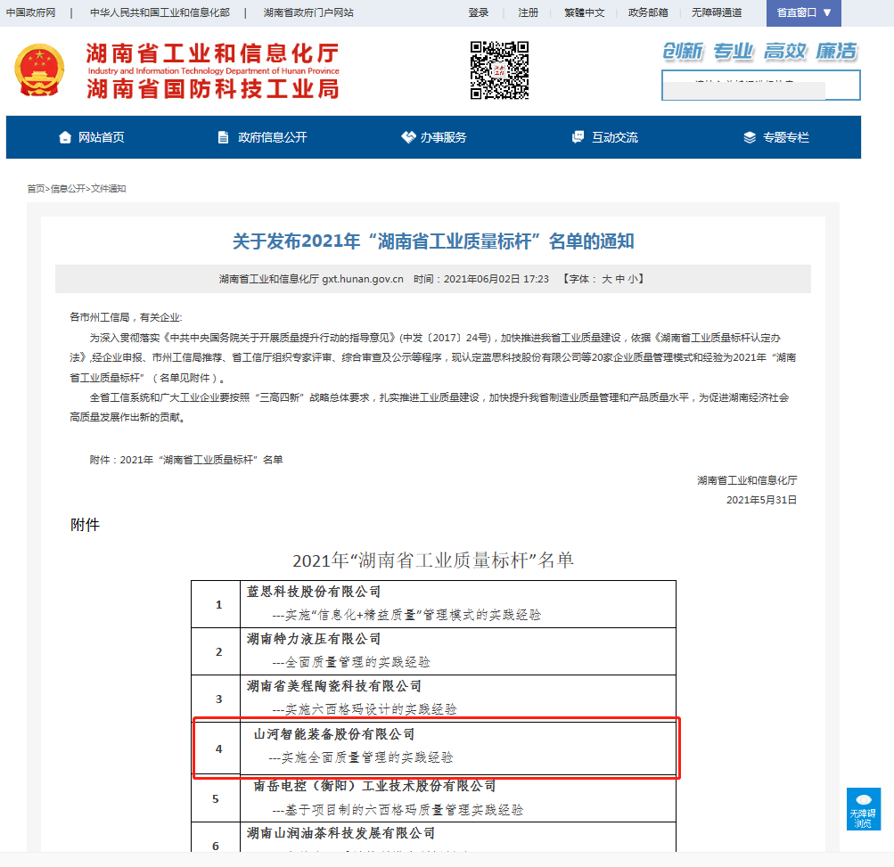 j9国际集团智能荣获湖南省工业质量标杆企业